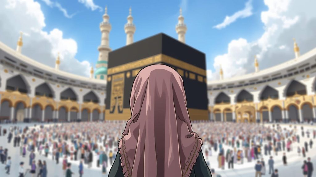 Une enfant de 10 ans portant un hijab de dos en train de regarder la Kaaba sous format cartoon (1)
