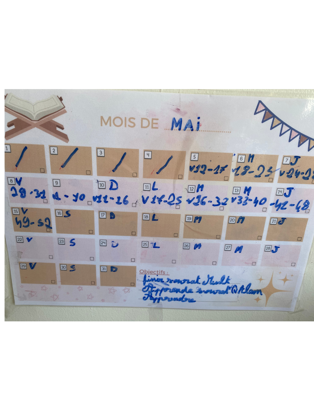 Exemple de planning du mois rempli par un enfant